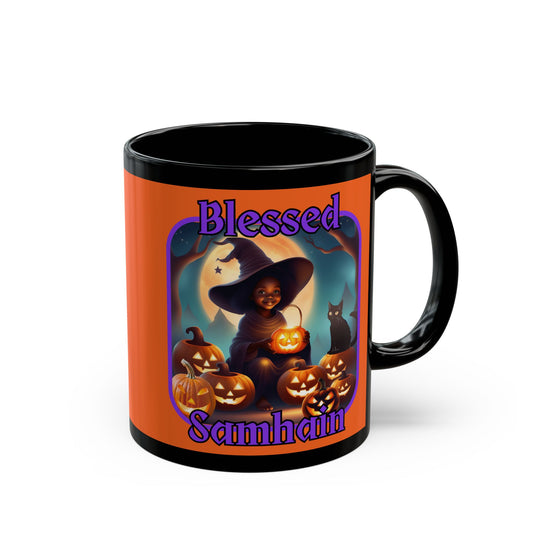 Blessed Samhain Cute Witch Purple font Orange Mug by CreepyCrafts.boo