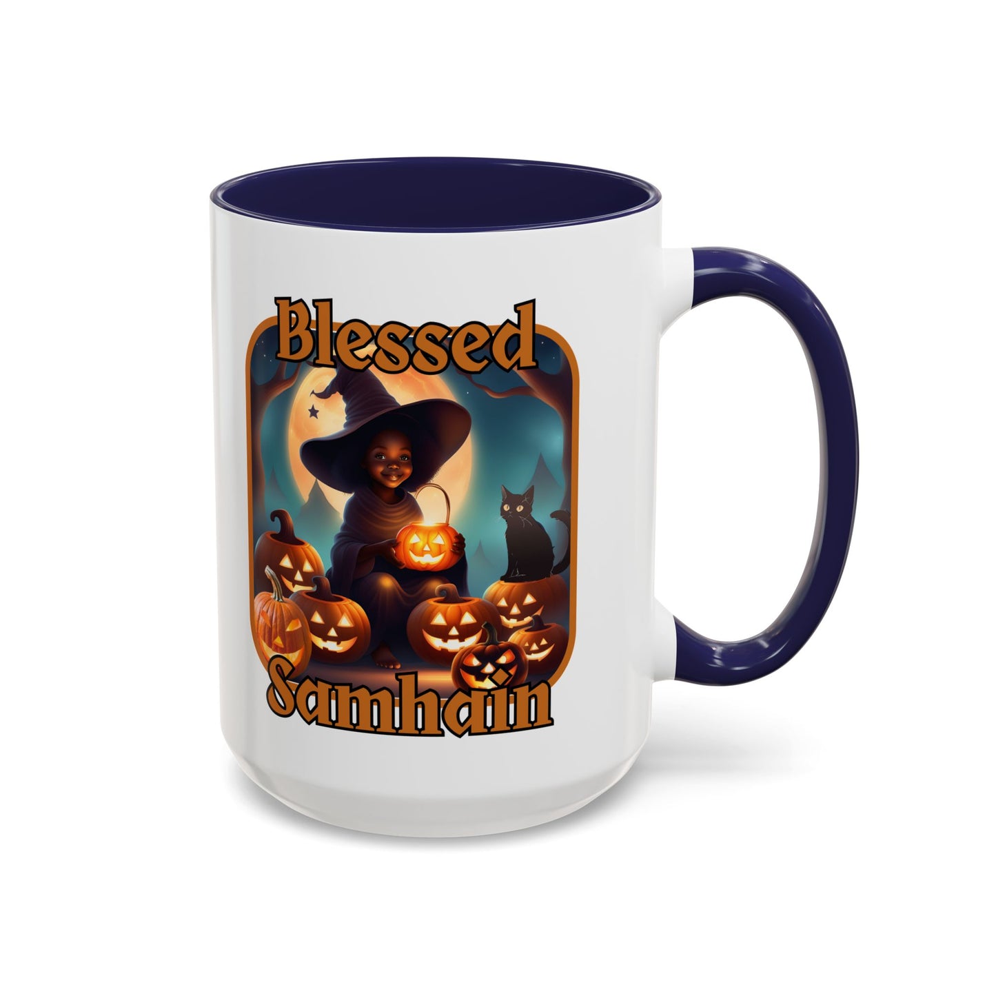 Blessed Samhain Cute Witch Orange font White Accent Mug by CreepyCrafts.boo