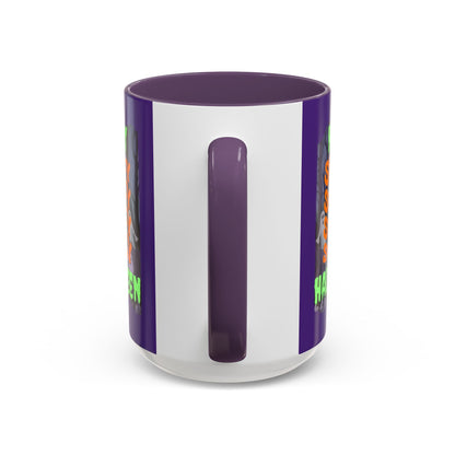 Spooky Happy Halloween Ghost Green font Purple Accent Mug by CreepyCrafts.boo