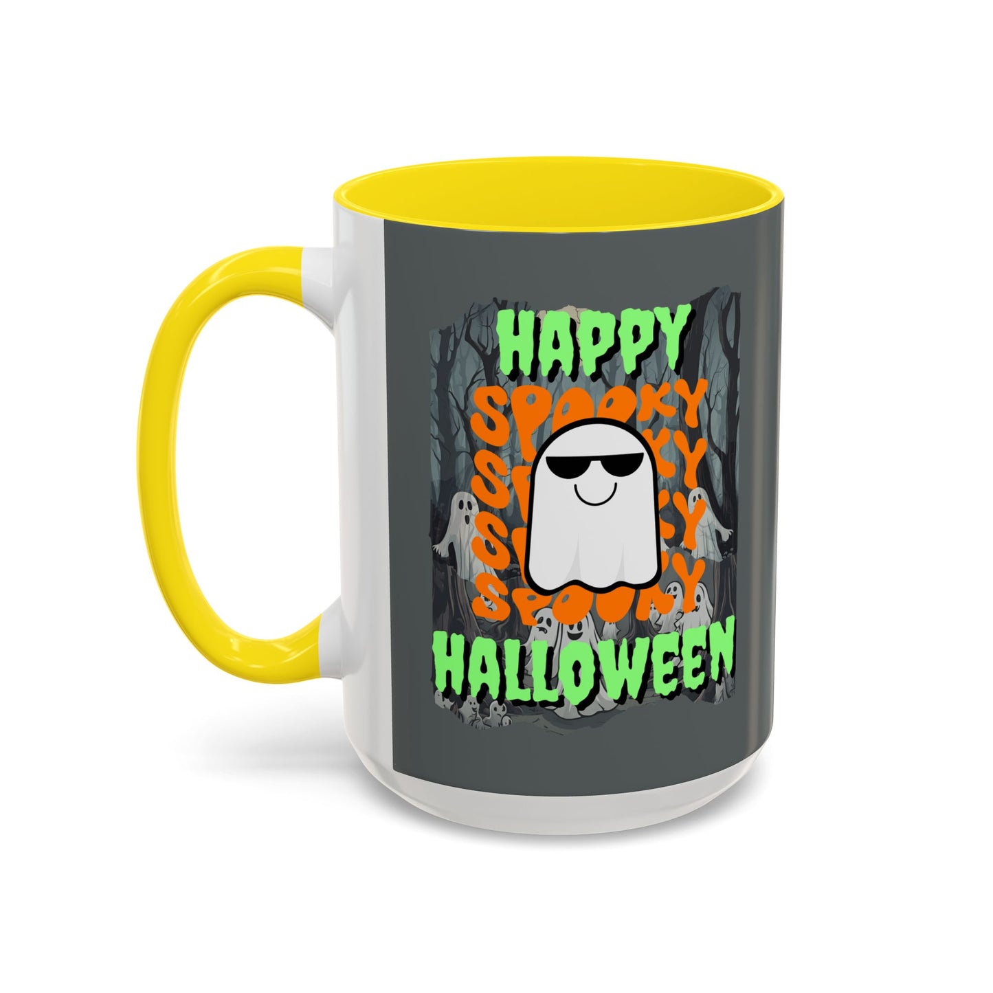 Spooky Happy Halloween Ghost Green font Grey Accent Mug by CreepyCrafts.boo