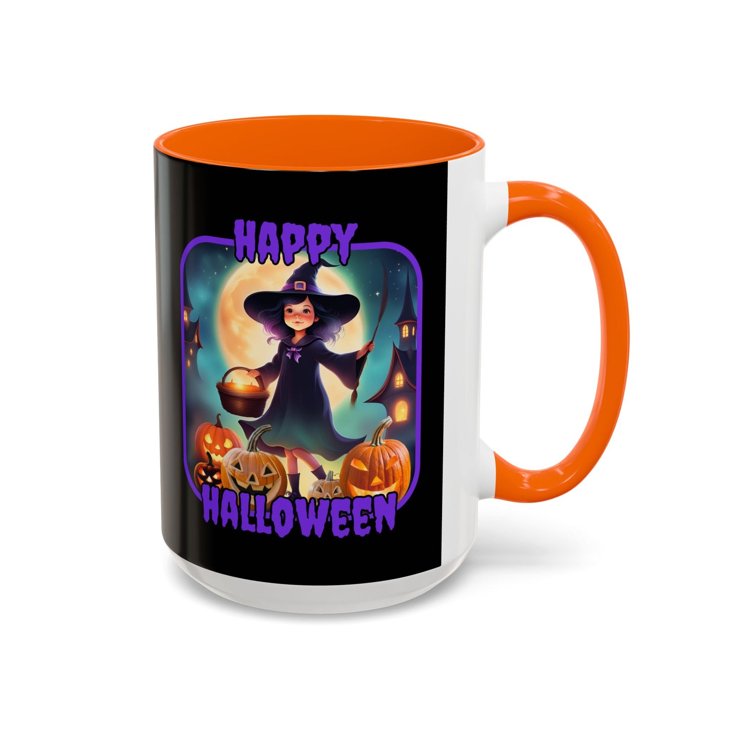 Happy Halloween Little Witch Purple font Black Accent Mug by CreepyCrafts.boo