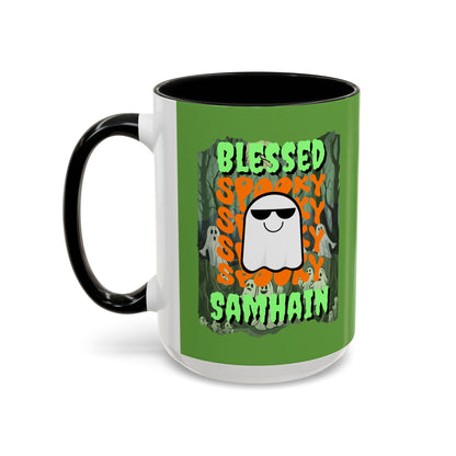 Spooky Blessed Samhain Ghost Green font Accent Mug by CreepyCrafts.boo