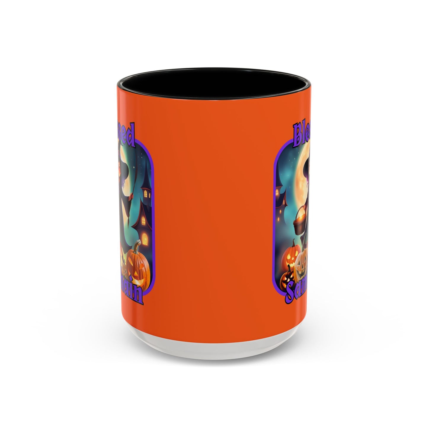 Blessed Samhain Little Witch Purple font Orange Accent Mug by CreepyCrafts.boo