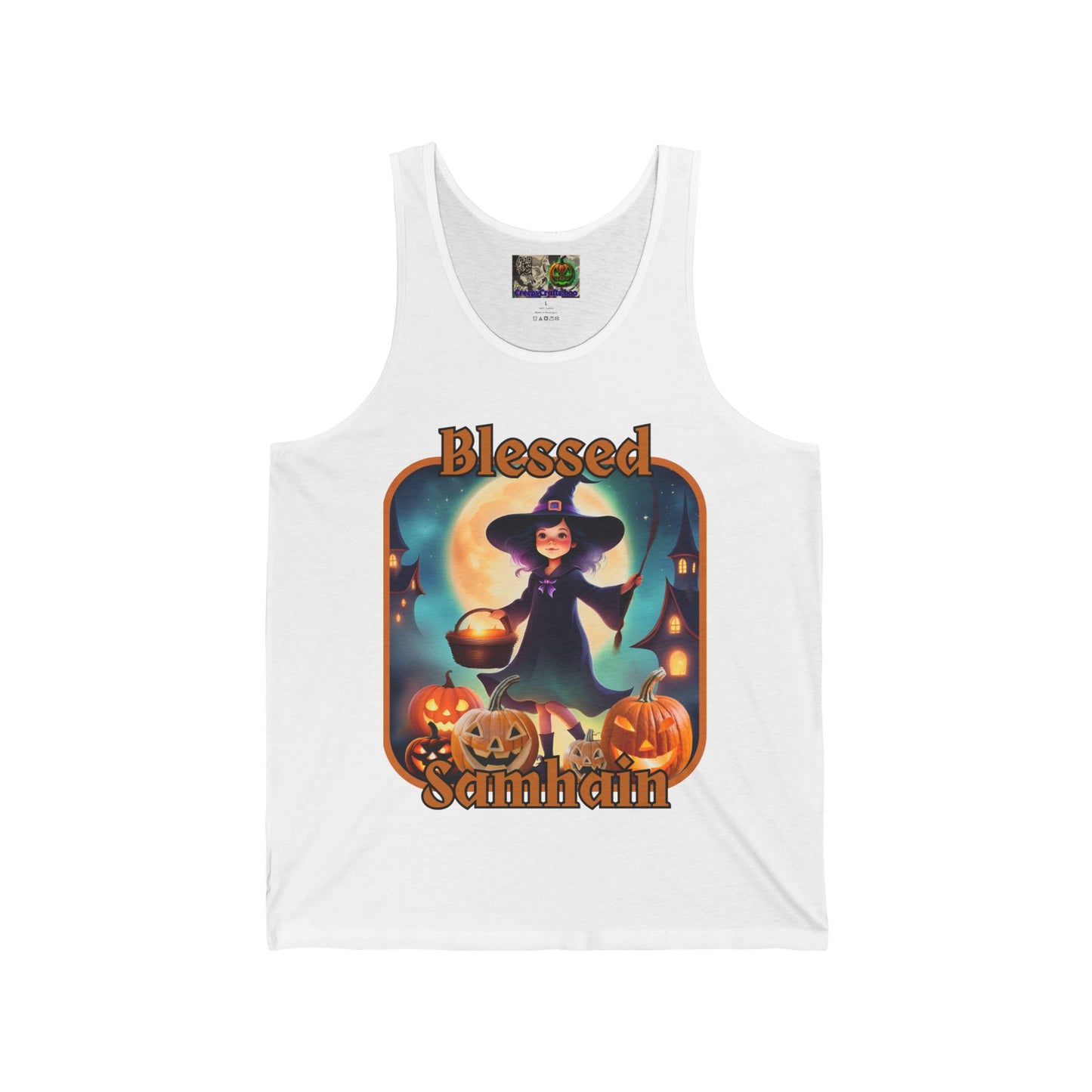 Blessed Samhain Little Witch Orange font Unisex Jersey Tank Top by CreepyCrafts.boo