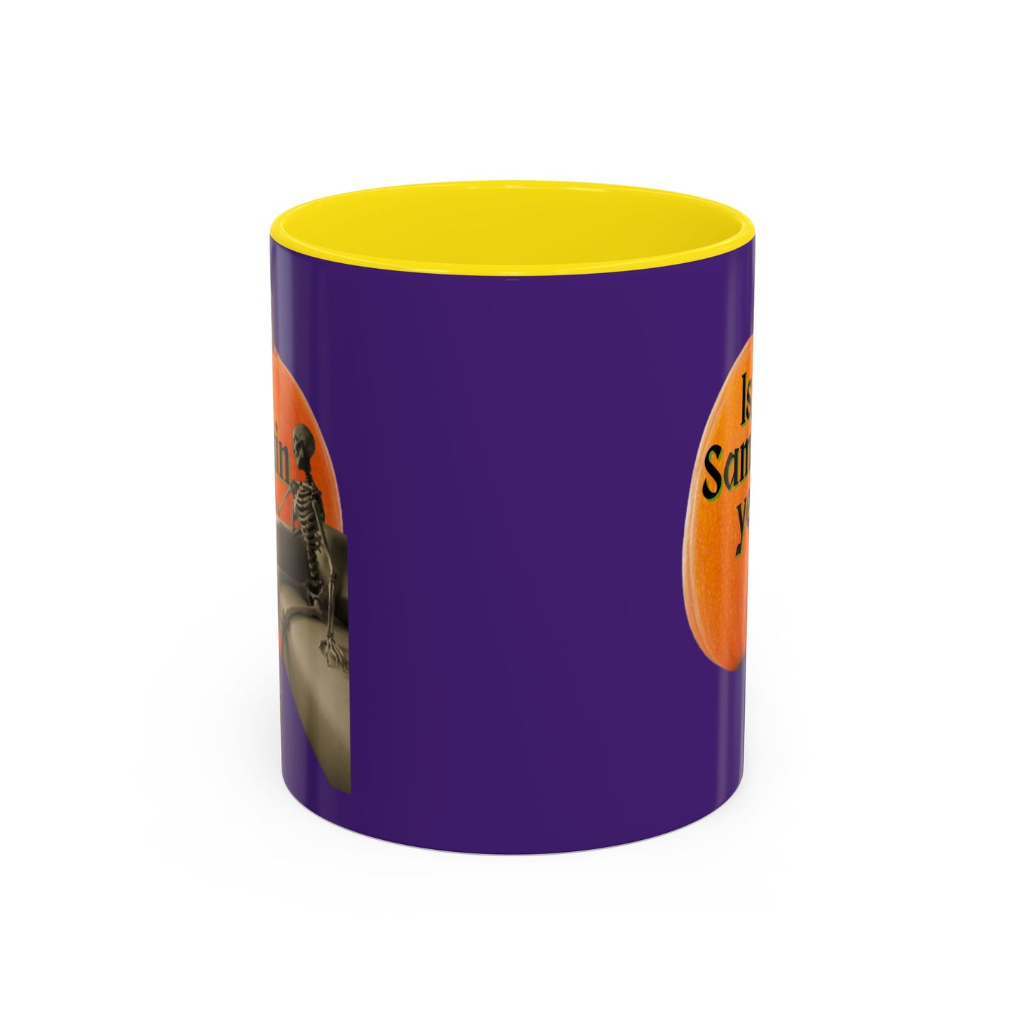 Is It Samhain Yet? Skeleton's Giant Pumpkin Purple Accent Mug by CreepyCrafts.boo