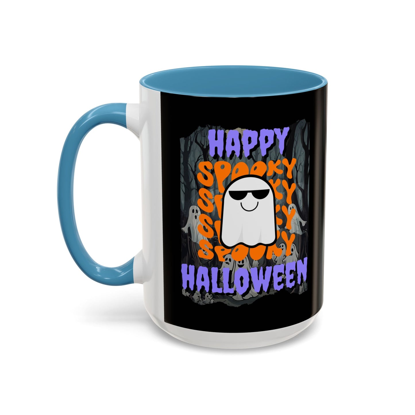 Spooky Happy Halloween Ghost Purple font Black Accent Mug by CreepyCrafts.boo
