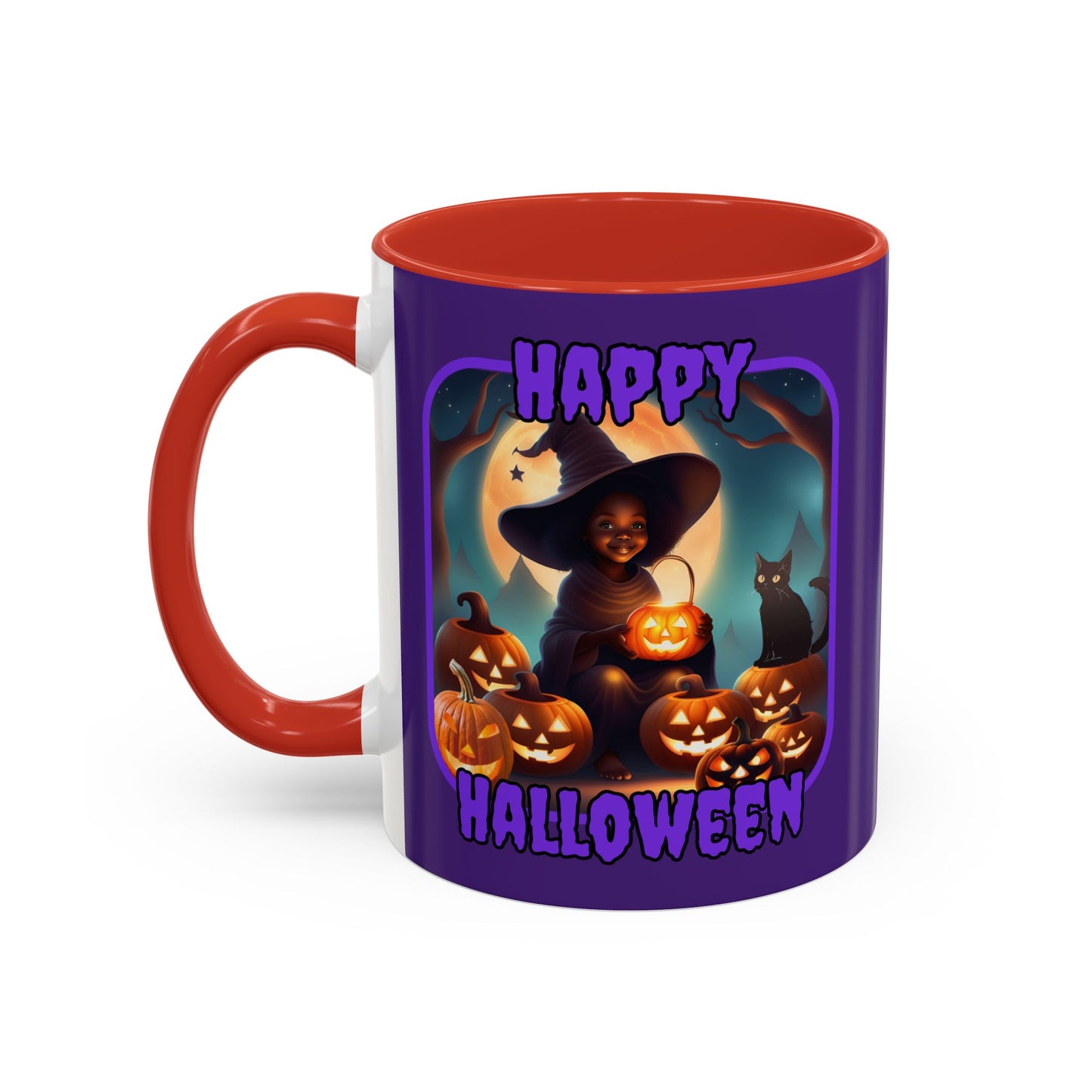 Happy Halloween Cute Witch Purple font Purple Accent Mug by CreepyCrafts.boo