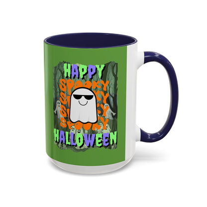 Spooky Happy Halloween Ghost Mixed font Green Accent Mug by CreepyCrafts.boo
