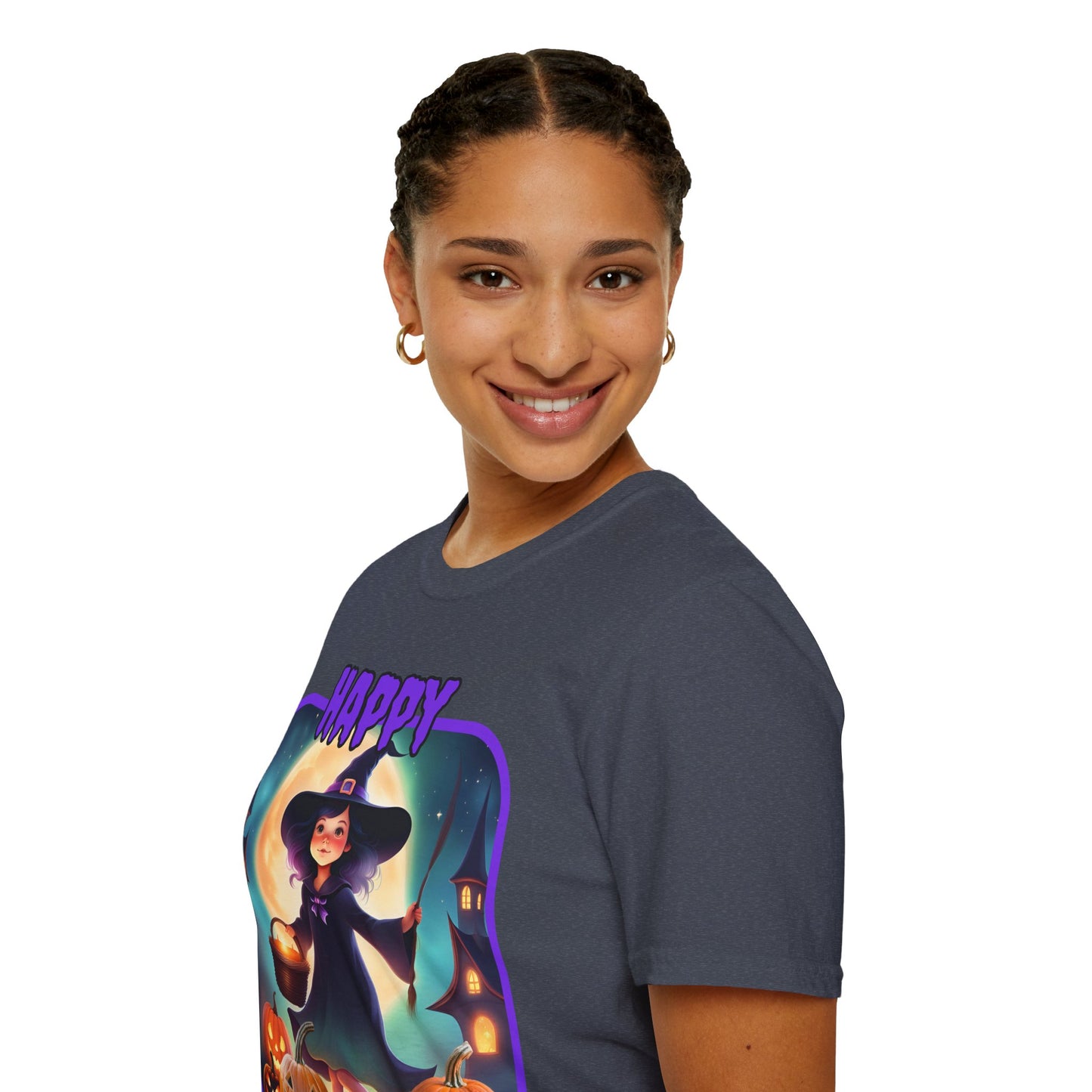 Happy Halloween Little Witch Purple font, Dark colors, Unisex T-Shirt by CreepyCrafts.boo