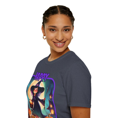 Happy Halloween Little Witch Purple font, Dark colors, Unisex T-Shirt by CreepyCrafts.boo