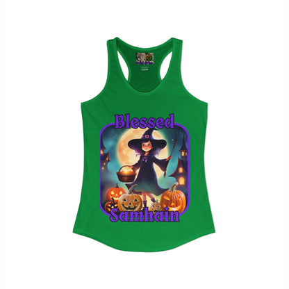 Blessed Samhain Little Witch Purple font Women's Racerback Tank Top by CreepyCrafts.boo