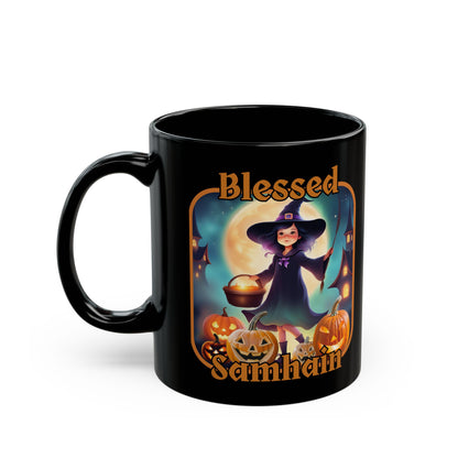 Blessed Samhain Little Witch Orange font Black Mug by CreepyCrafts.boo