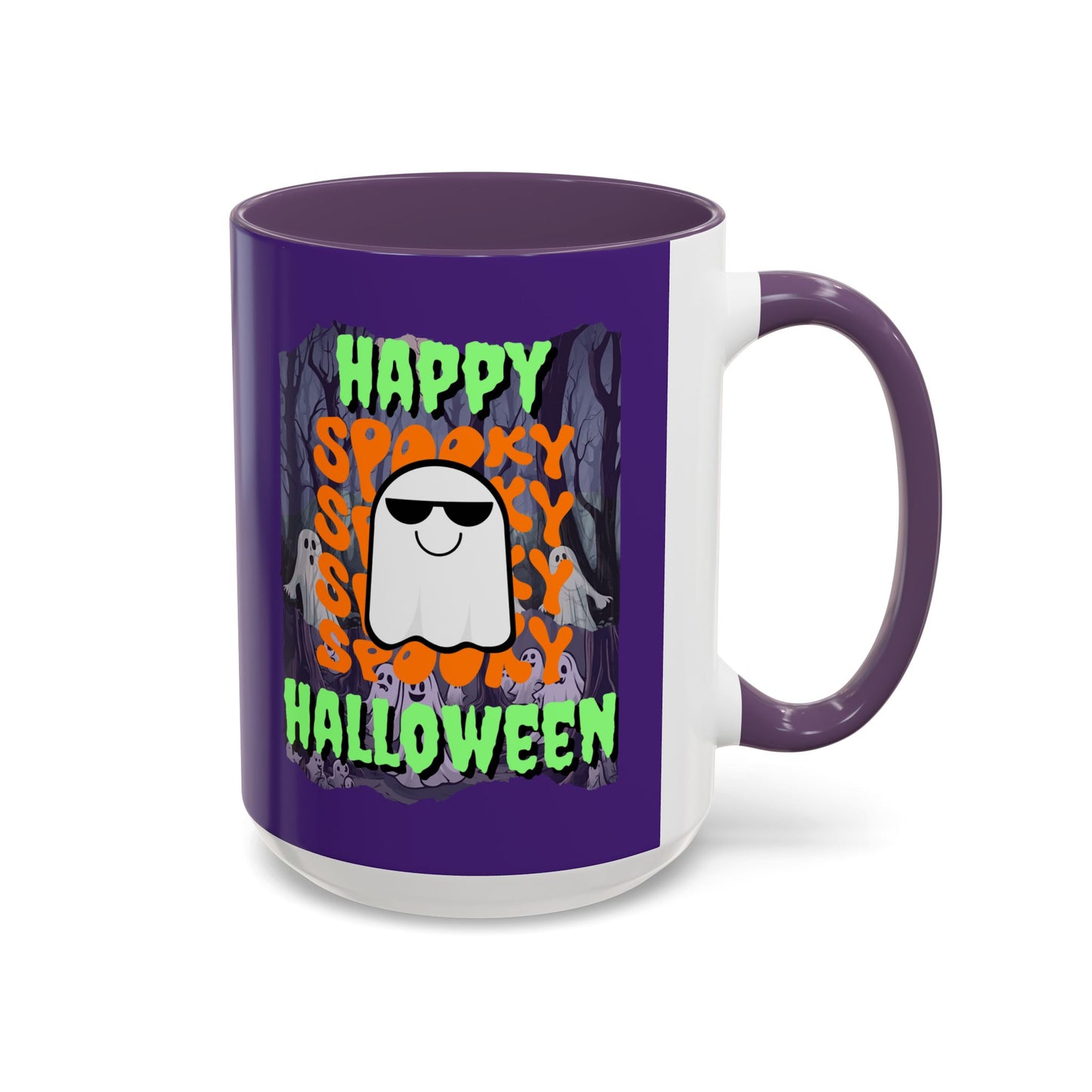 Spooky Happy Halloween Ghost Green font Purple Accent Mug by CreepyCrafts.boo