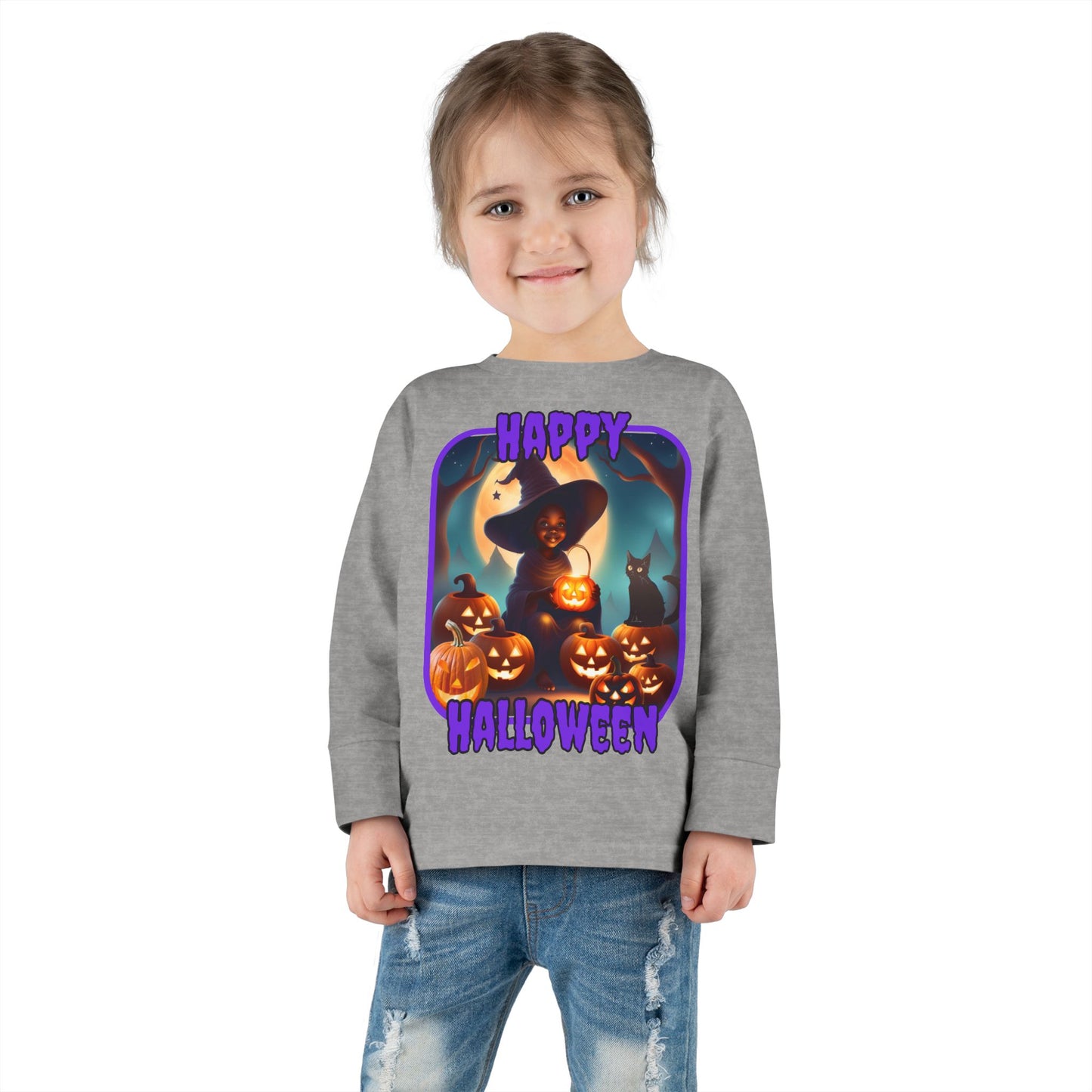 Happy Halloween Cute Witch Purple font Toddler Long Sleeve Tee by CreepyCrafts.boo