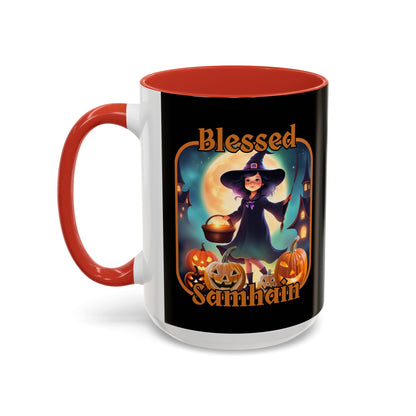 Blessed Samhain Little Witch Orange font Black Accent Mug by CreepyCrafts.boo