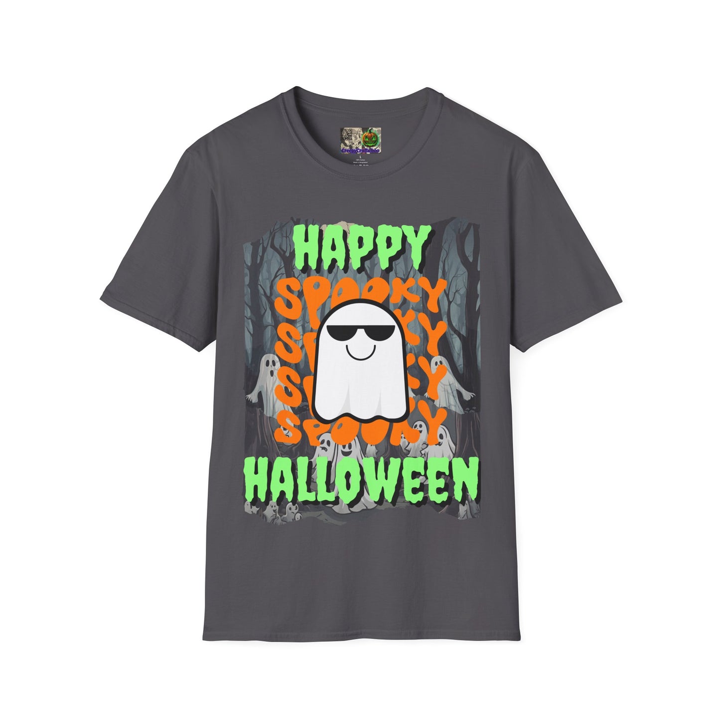 Spooky Happy Halloween Ghost Dark colors Green font Unisex T-Shirt by CreepyCrafts.boo