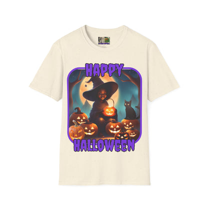 Happy Halloween Cute Witch Purple font Light colors Unisex T-Shirt by CreepyCrafts.boo