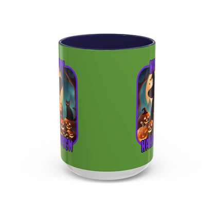 Happy Halloween Cute Witch Purple font Green Accent Mug by CreepyCrafts.boo