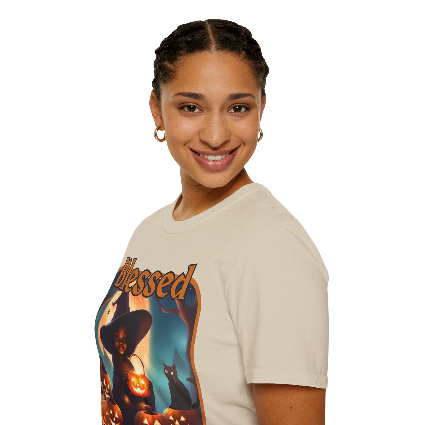 Blessed Samhain Cute Witch Orange font Light colors Unisex T-Shirt by CreepyCrafts.boo