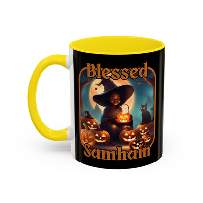 Blessed Samhain Cute Witch Orange font Black Accent Mug by CreepyCrafts.boo