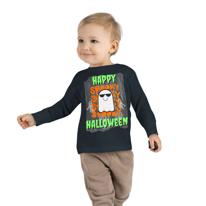Spooky Happy Halloween Ghost Green font Toddler Long Sleeve Tee by CreepyCrafts.boo