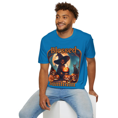 Blessed Samhain Cute Witch Orange font Dark colors Unisex T-Shirt by CreepyCrafts.boo