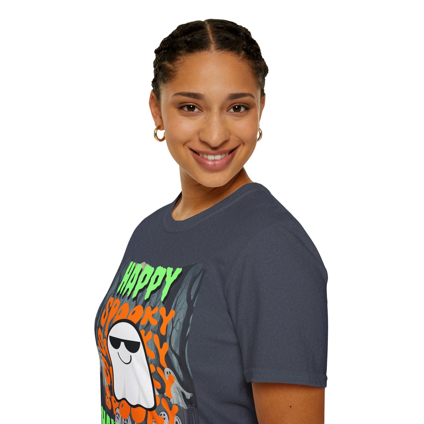Spooky Happy Halloween Ghost Dark colors Green font Unisex T-Shirt by CreepyCrafts.boo