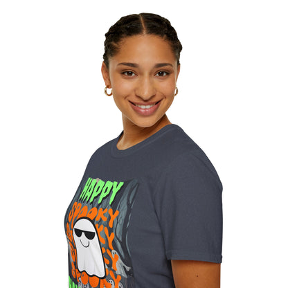Spooky Happy Halloween Ghost Dark colors Green font Unisex T-Shirt by CreepyCrafts.boo