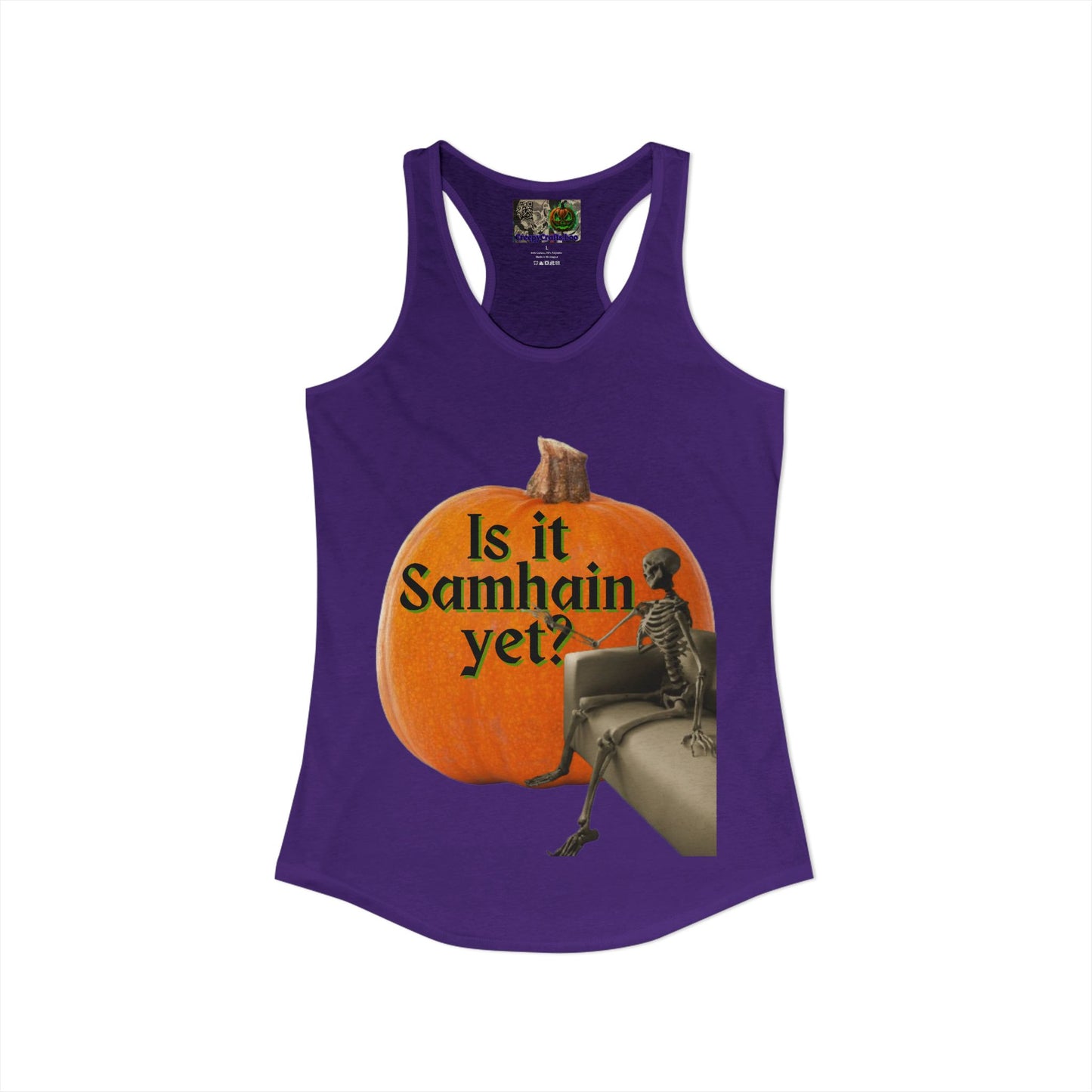 Is It Samhain Yet? Skeleton's Giant Pumpkin Women’s Racerback Tank Top by CreepyCrafts.boo