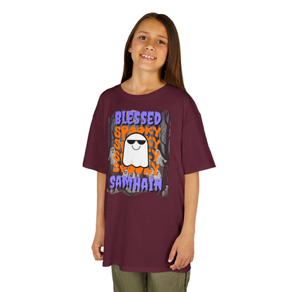 Spooky Blessed Samhain Ghost Purple font Kids Heavy Cotton™ Tee by CreepyCrafts.boo