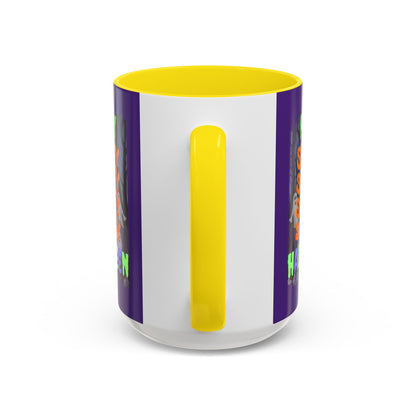 Spooky Happy Halloween Ghost Mixed font Purple Accent Mug by CreepyCrafts.boo