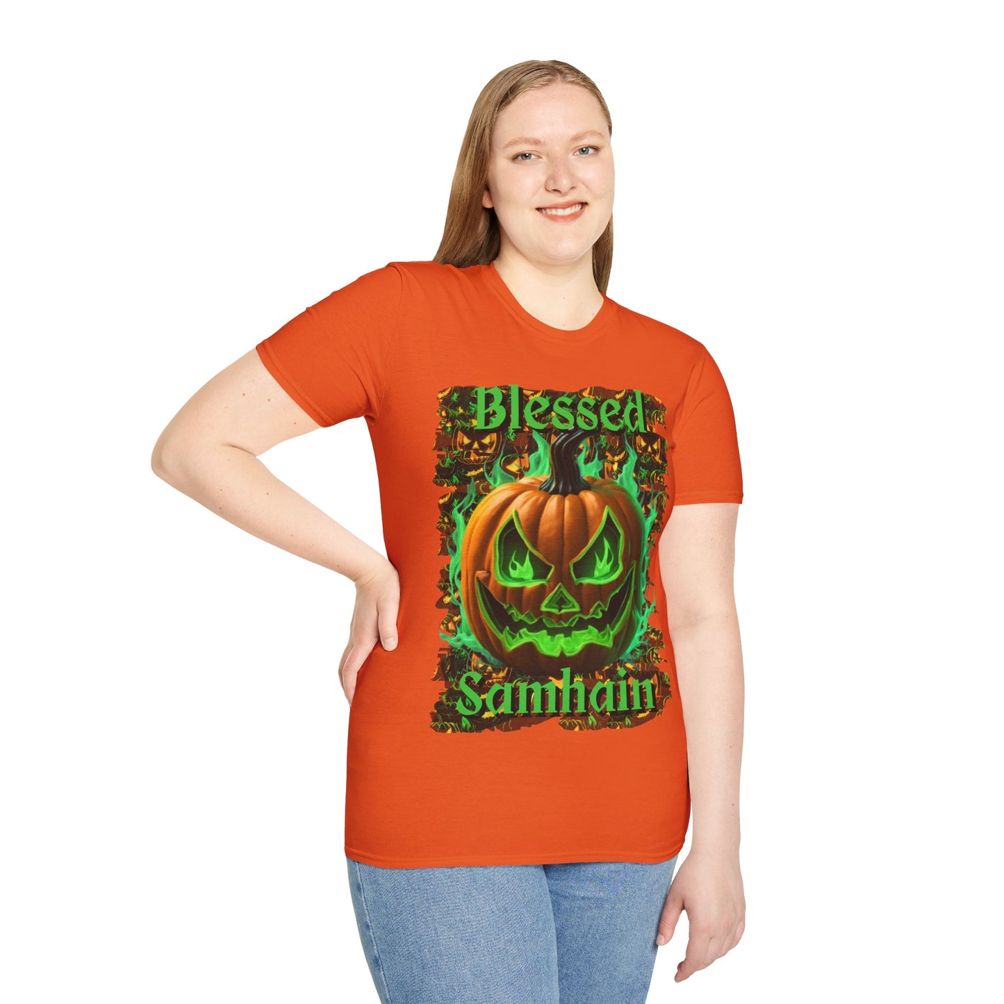 Blessed Samhain Green Jack Light colors Unisex T-Shirt by CreepyCrafts.boo