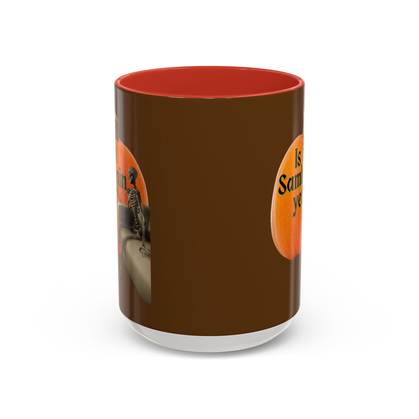 Is It Samhain Yet? Skeleton's Giant Pumpkin Brown Accent Mug by CreepyCrafts.boo