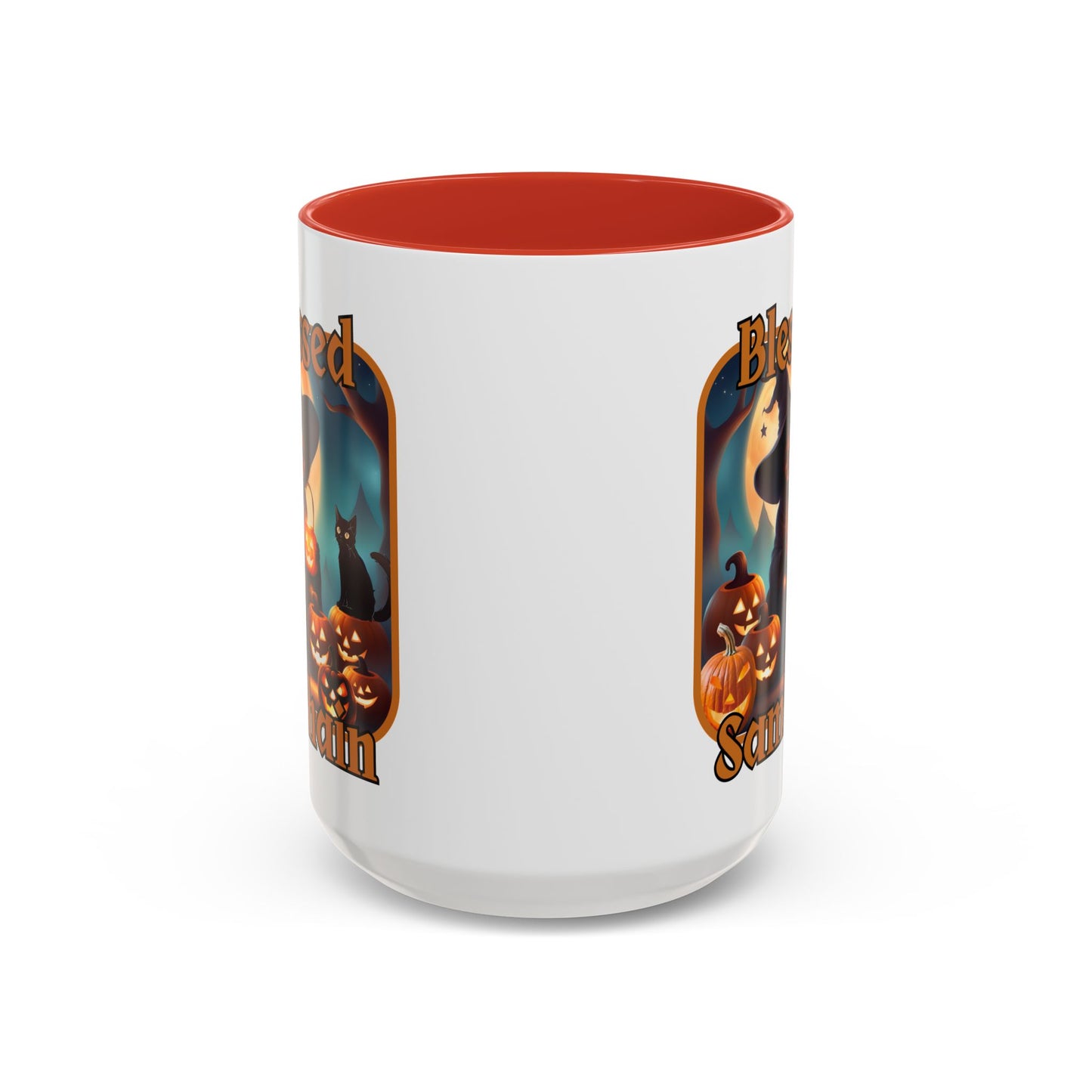 Blessed Samhain Cute Witch Orange font White Accent Mug by CreepyCrafts.boo