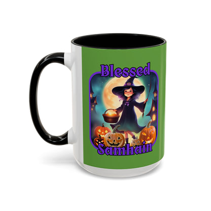 Blessed Samhain Little Witch Purple font Green Accent Mug by CreepyCrafts.boo
