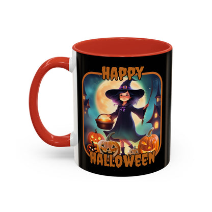 Happy Halloween Little Witch Orange font Black Accent Mug by CreepyCrafts.boo