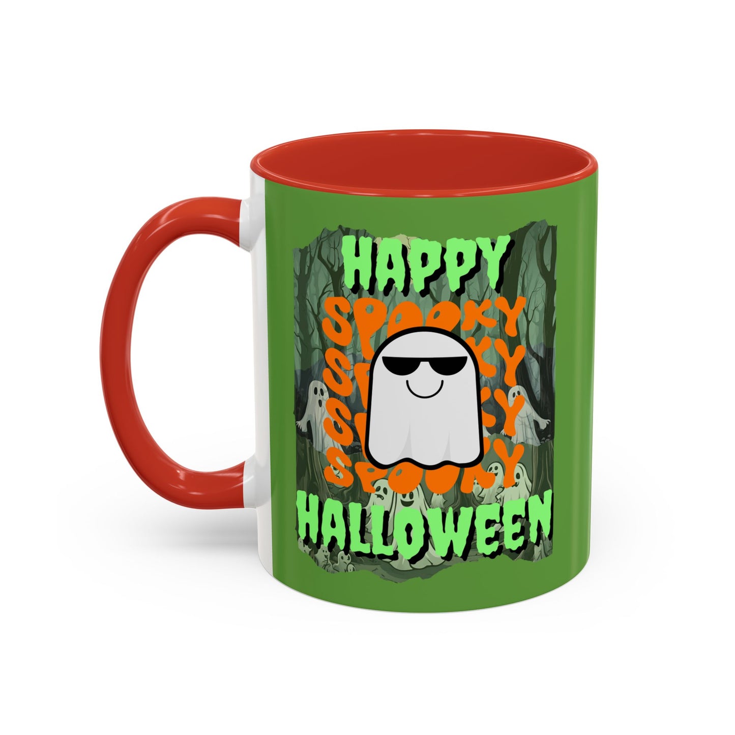 Spooky Happy Halloween Ghost Green font Green Accent Mug by CreepyCrafts.boo