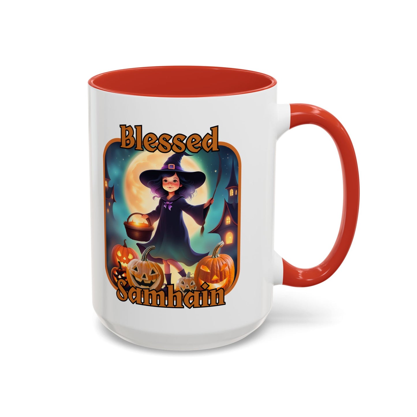 Blessed Samhain Little Witch Orange font White Accent Mug by CreepyCrafts.boo