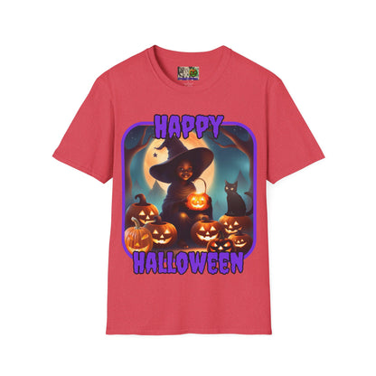 Happy Halloween Cute Witch Purple font Light colors Unisex T-Shirt by CreepyCrafts.boo