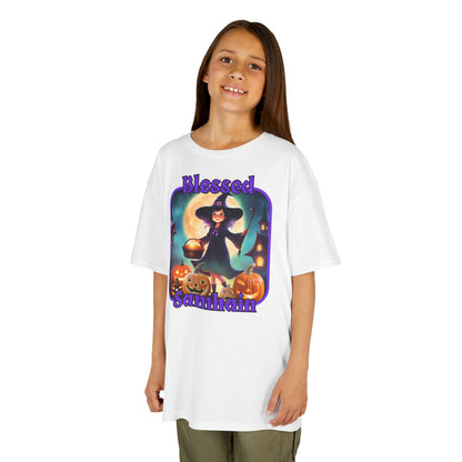 Blessed Samhain Little Witch Purple font Kids Heavy Cotton™ Tee by CreepyCrafts.boo