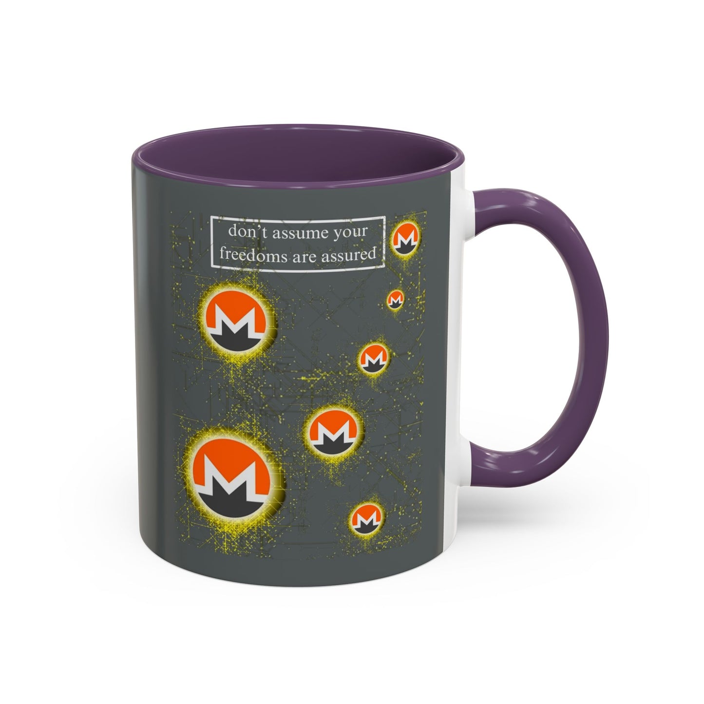 Monero (XMR) don't assume your freedoms are assured Grey Accent Mug by cypherpunkgear.com