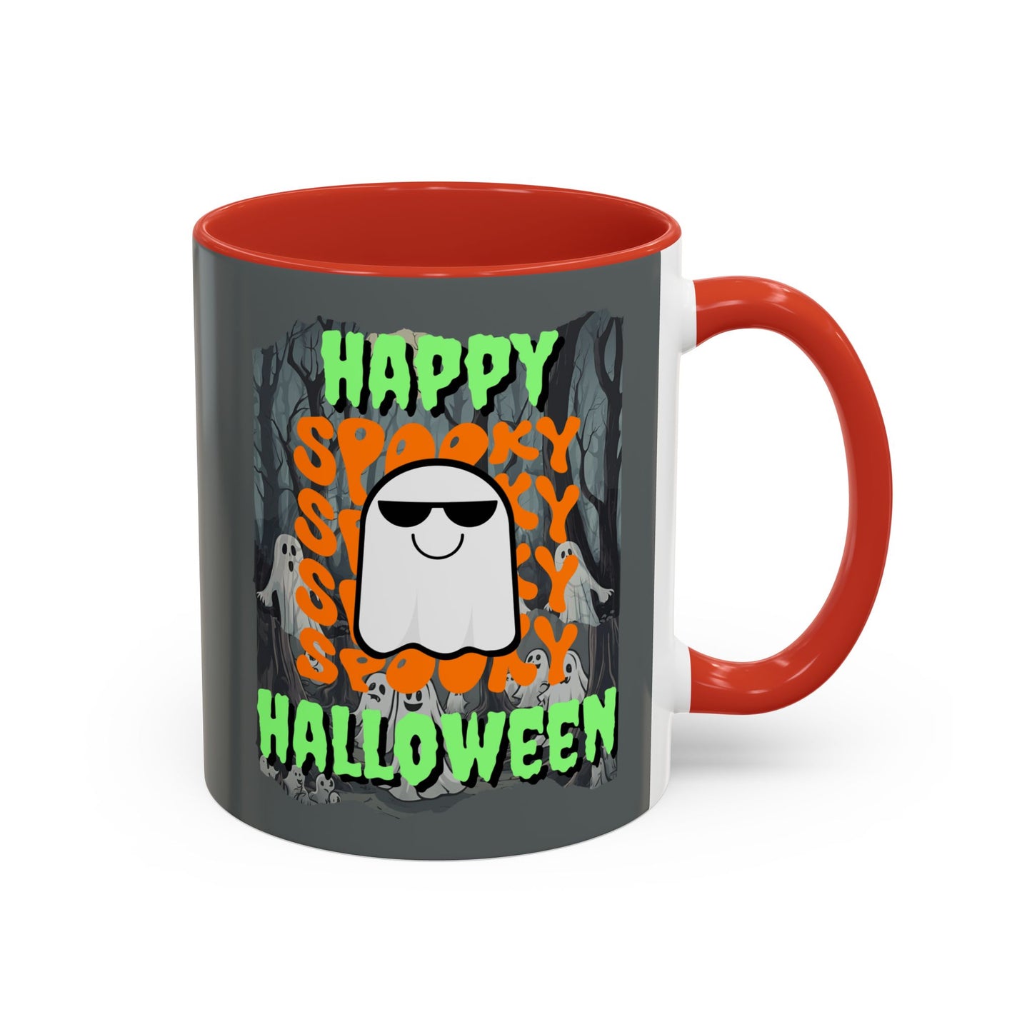 Spooky Happy Halloween Ghost Green font Grey Accent Mug by CreepyCrafts.boo