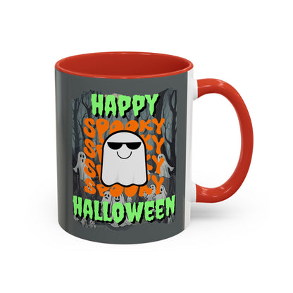 Spooky Happy Halloween Ghost Green font Grey Accent Mug by CreepyCrafts.boo