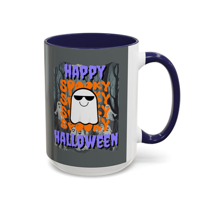 Spooky Happy Halloween Ghost Purple font Grey Accent Mug by CreepyCrafts.boo