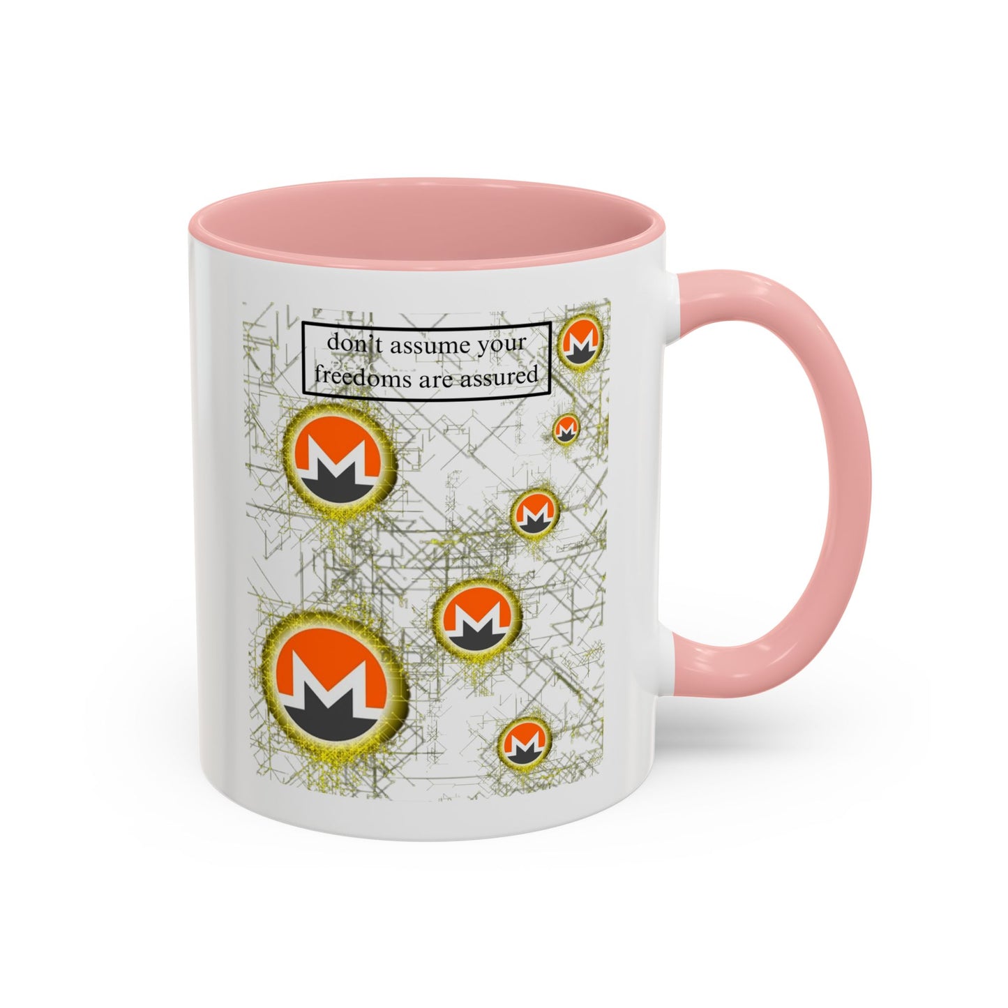 Monero (XMR) don't assume your freedoms are assured White Accent Mug by cypherpunkgear.com