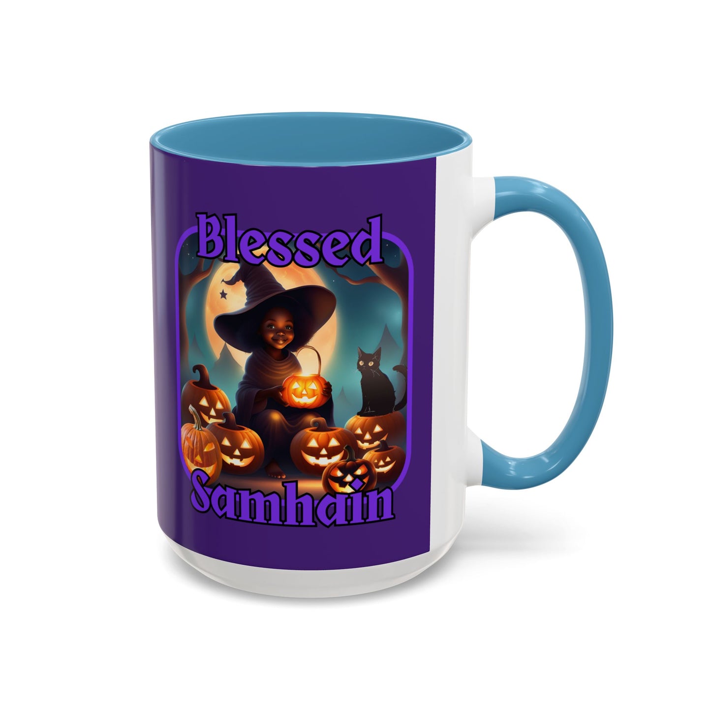 Blessed Samhain Cute Witch Purple font Purple Accent Mug by CreepyCrafts.boo