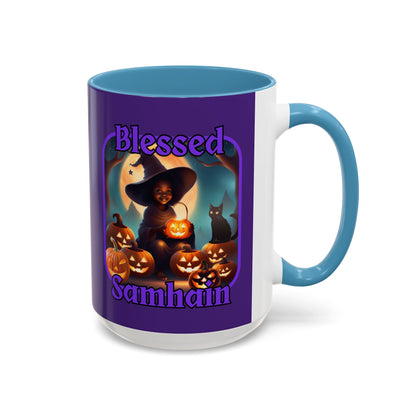 Blessed Samhain Cute Witch Purple font Purple Accent Mug by CreepyCrafts.boo