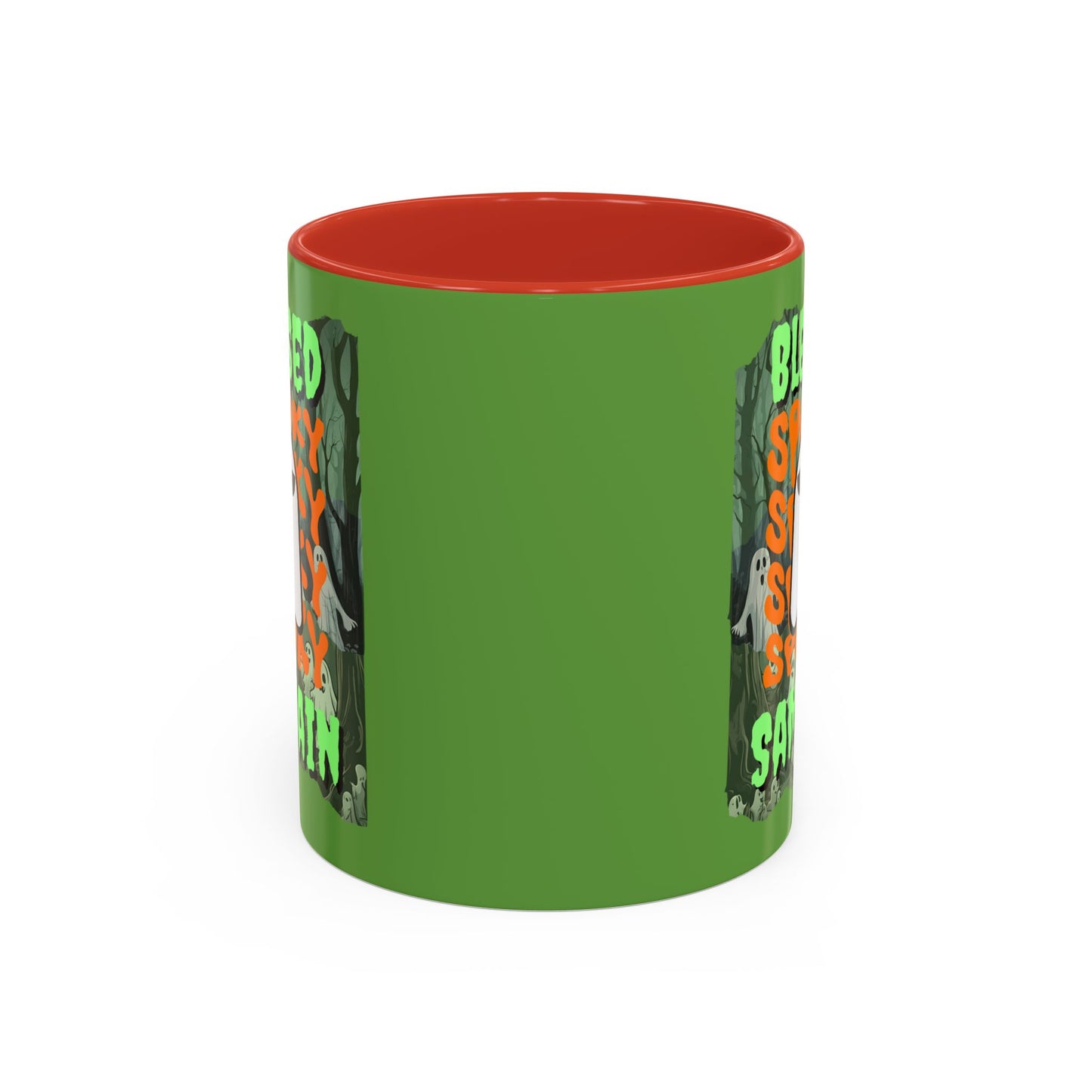 Spooky Blessed Samhain Ghost Green font Accent Mug by CreepyCrafts.boo