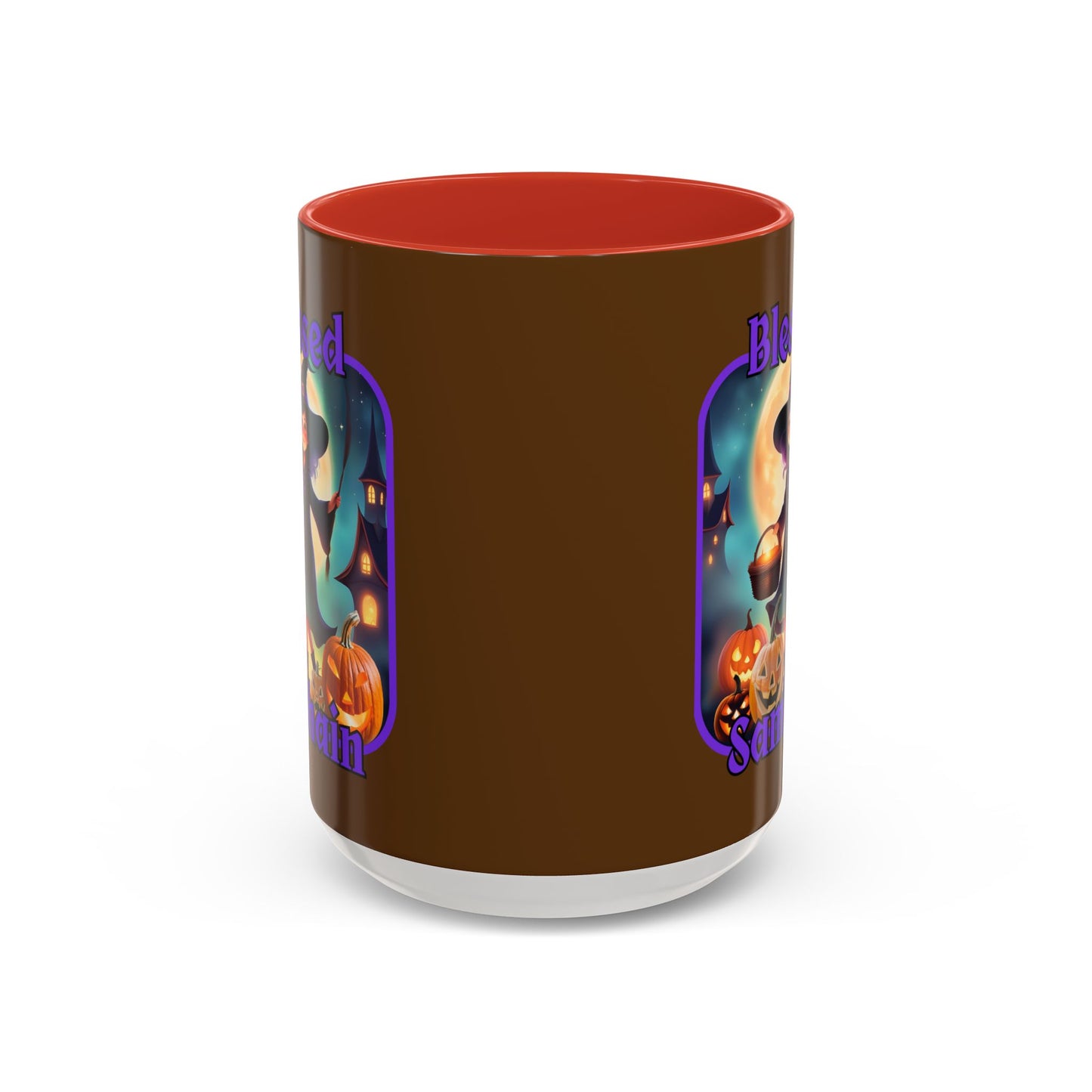 Blessed Samhain Little Witch Purple font Brown Accent Mug by CreepyCrafts.boo