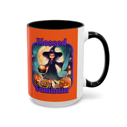 Blessed Samhain Little Witch Purple font Orange Accent Mug by CreepyCrafts.boo